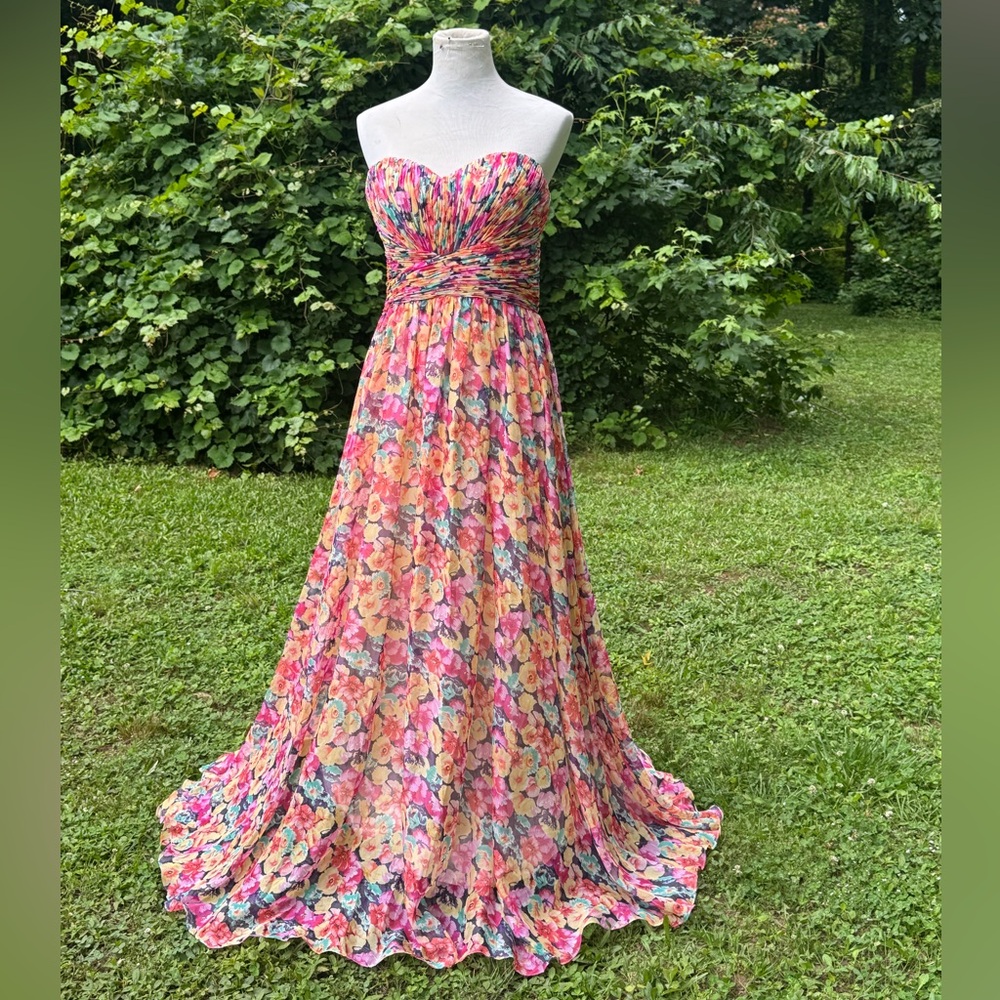 💐 Allure Floral Chiffon Gown Size 16 | Strapless Prom Dress | Formal Evening